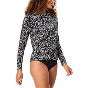 Lands' End Womens Black Floral Long Sleeve Rash Guard Swim Tee UPF 50 NWT Size L